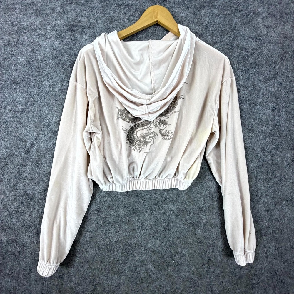 Social Scene Velvet Crop Hoodie Women Large Pink Dragon Print Girly Y2K Full Zip